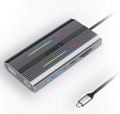 Orico XDR-X3 priključna postaja, RGB, USB-C 3.1, 3x USB-A, USB-C PD100W, 2x HDMI 4K@60Hz, DP 4K@60Hz, SD+TF, RJ45, AUX, aluminij, siva