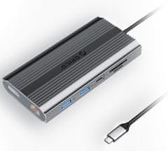 Orico XDR-X33 priključna postaja, 1x USB-C 3.1, 3x USB-A, USB-C PD100W, 2x HDMI 4K@60Hz, DP 4K@60Hz, SD+TF, RJ45, AUX, aluminij, siva