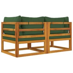 Vidaxl Segmentni kotni kavč 2 kosa z zelenimi blazinami trdna akacija