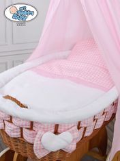 Mosesova košara z baldahinom Isabella naravna + bela in roza posteljnina