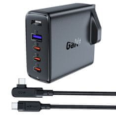 AceFast 2v1 Kabel in hitri omrežni polnilnik GaN, angleški vtič UK 100 W PD 3x USB-C USB črn