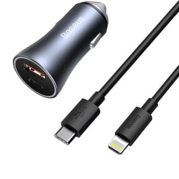 shumee Hitri avtopolnilec USB-C USB 40W PD QC SCP FCP AFC + kabel USB-C - Lightning grey