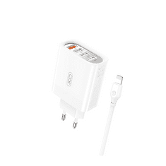 XO Polnilec za telefon L100 18W QC 4xUSB bel + kabel 8-pin Lightning