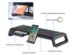 Ewent stojalo za monitor z USB hubom s 4 vhodi, USB 3.0, RGB, črno (EW1268)