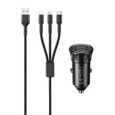 REMAX avtomobilski polnilec 2x usb, rcc236, 2,4a (črn) + kabel 3 v 1