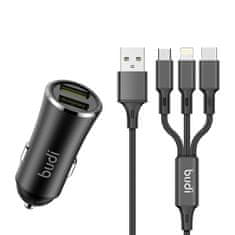 Budi avtomobilski polnilec, 2x usb, 2,4a + kabel 3v1 usb v usb-c / lightning / micro usb (črn)