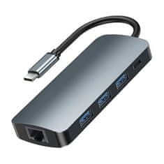 REMAX Vozlišče USB-C 9v1 Remax Retor Series RU-U91, 3x USB 3.0, USB-C, RJ45, HDMI, 3,5 mm, SD/TF (siva)