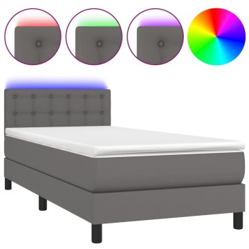 Vidaxl Box spring postelja z vzmetnico LED siva 90x200 cm umetno usnje