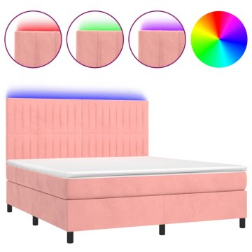 Vidaxl Box spring postelja z vzmetnico LED roza 160x200 cm žamet