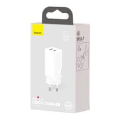 BASEUS Baseus GaN2 Lite omrežni polnilnik, USB + USB-C, 65W, EU (bela)