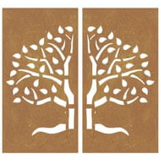 Vidaxl Vrtna stenska dekoracija 2 kosa 105x55 cm corten jeklo drevo