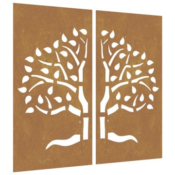 Vidaxl Vrtna stenska dekoracija 2 kosa 105x55 cm corten jeklo drevo