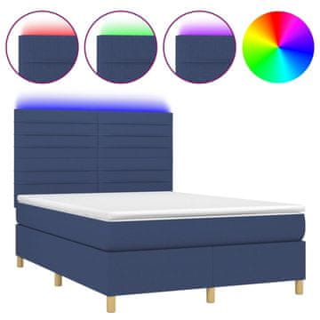 Vidaxl Box spring postelja z vzmetnico LED modra 140x200 cm blago