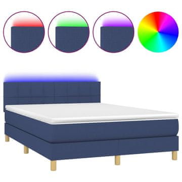 Vidaxl Box spring postelja z vzmetnico LED modra 140x200 cm blago