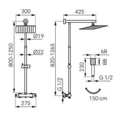 Ferro TREVI SQUARE BLACK tuš set s termostatsko armaturo in dežno nadglavno prho 300mm komplet (gibljiva cev 150 cm, prha 1 funkcija, konzola 800-1250mm) black (črna)