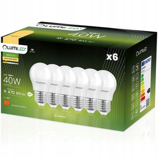 LUMILED 6x LED žarnica E27 P45 5W = 40W 470lm 3000K Toplo bela 180°