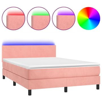 Vidaxl Box spring postelja z vzmetnico LED roza 140x190 cm žamet