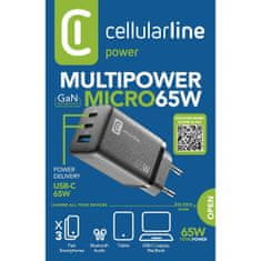 CellularLine Multipower hišni polnilec, 65 W, 2x USB-C PD, 1x USB (ACHUSBGAN3PD65WK)