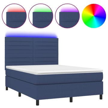 Vidaxl Box spring postelja z vzmetnico LED modra 140x200 cm blago