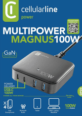 CellularLine Multipower Magnus polnilnik, 100 W, 4xPD, 2xUSB, 2x USB-C (ACHUSBGAN4PD100WK)