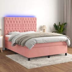 Vidaxl Box spring postelja z vzmetnico LED roza 140x190 cm žamet
