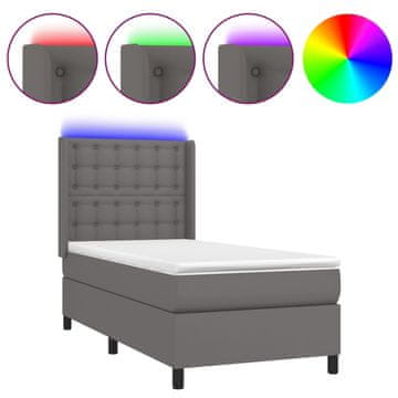 Vidaxl Box spring postelja z vzmetnico LED siv 90x190 cm umetno usnje