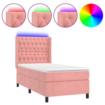 Vidaxl Box spring postelja z vzmetnico LED roza 90x190 cm žamet