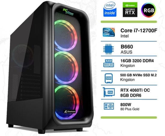 PCplus Storm namizni računalnik, i7-12700F, 16GB, 1TB, RTX4060Ti, DOS (144999)