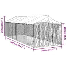 Vidaxl Zunanja pasja ograda s streho srebrna 3x9x2,5 m pocinkano jeklo