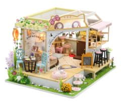 Dvěděti Dva otroka miniaturna hiša Mačja kavarna z vrtom