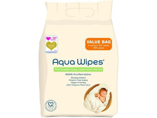 Aqua Wipes BIO Aloe Vera 100% razgradljivi robčki, 99% vode, 4x64 kosov = 256 kosov