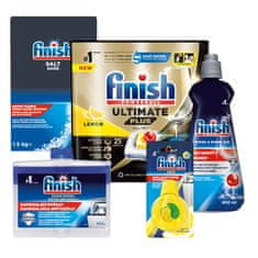 Finish Starter pack - Ultimate Plus All in 1 tablete za pomivalni stroj, 25 kosov + sol, 1,5 kg + loščilo Shine&Dry Regular, 400 ml + osvežilec Odor Stop Easy Clip + čistilo za pomivalni stroj, 250 ml