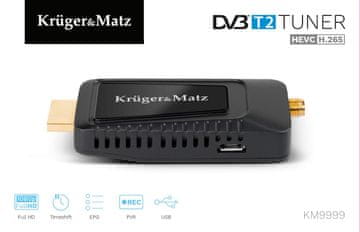 slomart Mini DVB-T2 TV tuner KRUGER & MATZ KM9999, H.265 HEVC, TV snemanje, HDMI, 1 tuner, črn