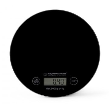 Esperanza Elektronska kuhinjska tehtnica Esperanza EKS003K, črna, okrogla, kapaciteta 5 kg, natančnost 1 g, funkcija tare in indikator prenosa.