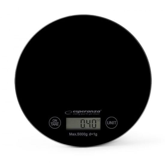 Esperanza Elektronska kuhinjska tehtnica Esperanza EKS003K, črna, okrogla, kapaciteta 5 kg, natančnost 1 g, funkcija tare in indikator prenosa.