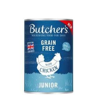 Butcher's BUTCHER'S Original Junior Piščančja Gevža - mokra hrana za pse 400g, brez umetnih dodatkov, brez glutena, primerna za vse pasme.