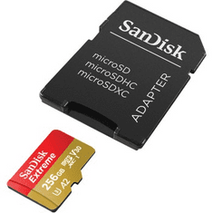 SanDisk Extreme microSDXC 256 GB + SD adapter 190 MB/s in 130 MB/s branje/pisanje A2 C10 V30 UHS-I U3