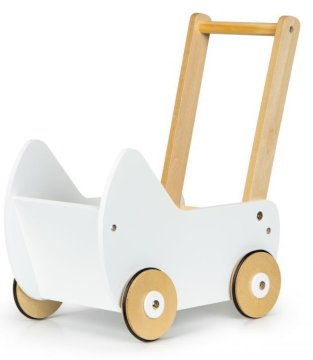 EcoToys Leseni voziček za lutke bele barve