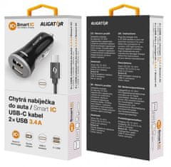 Aligator Pametni avtomobilski polnilec 3,4 A, 2xUSB, pametni IC, črn, kabel USB-C