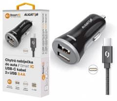 Aligator Pametni avtomobilski polnilec 3,4 A, 2xUSB, pametni IC, črn, kabel USB-C