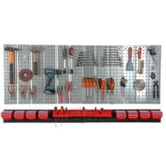 botle Kovinska stena za orodje 156x72 cm Sistem za shranjevanje z držali za orodje Kljuke za orodje in 8 škatlic za zlaganje 100 x 150 x 70 mm Barva: rdeča Perforirana plošča Delavnica Garaža Pegboard Elekt