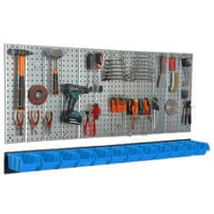 botle Kovinska stena za orodje 156x72 cm Sistem za shranjevanje z držali za orodje Kljuke za orodje in 12 škatlic za zlaganje 120 x 195 x 90 mm Barva: modra Perforirana plošča Delavnica Garaža Pegboard Elek