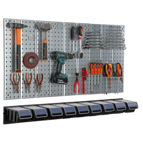 botle Kovinska stena za orodje 117x72 cm Sistem za shranjevanje z držali za orodje Kljuke za orodje in 9 odlagalnih škatel 120 x 200 x 90 mm Barva: črna Perforirana plošča Delavnica Garaža Pegboard Električ
