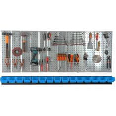 botle Kovinska stena za orodje 156x72 cm Sistem za shranjevanje z držali za orodje Kljuke za orodje in 15 škatlic za zlaganje 100 x 150 x 70 mm Barva: modra Perforirana plošča Delavnica Garaža Pegboard Elek