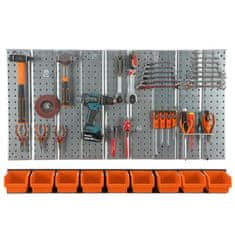 botle Kovinska stena za orodje 117x72 cm Sistem za shranjevanje z držali za orodje Kljuke za orodje in 9 odlagalnih škatel 120 x 195 x 90 mm Barva: oranžna Perforirana plošča Delavnica Garaža Pegboard Elekt