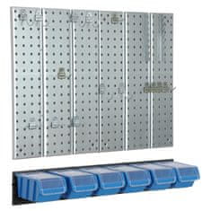 botle Kovinska stena za orodje 78x72 cm Sistem za shranjevanje z držali za orodje Kljuke za orodje in 6 škatlic za zlaganje 120 x 200 x 90 mm Barva: modra Perforirana plošča Delavnica Garaža Pegboard Elektr