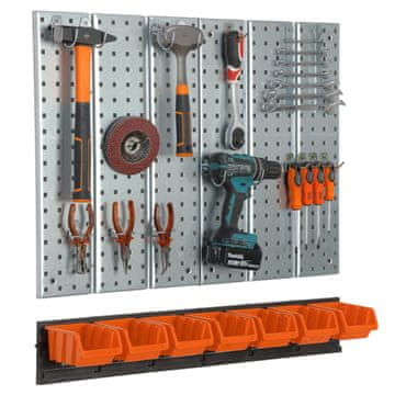 botle Kovinska stena za orodje 78x72 cm Sistem za shranjevanje z držali za orodje Kljuke za orodje in 7 škatlic za zlaganje 100 x 150 x 70 mm Barva: oranžna Perforirana plošča Delavnica Garaža Pegboard Elek
