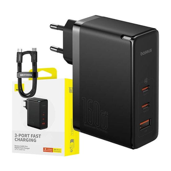 BASEUS GaN5 Pro 2xUSB-C + USB omrežni polnilec, 160 W (črn)