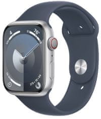 Apple Watch Series 9 pametna ura, GPS, 45 mm, aluminijasto ohišje Silver, športni pašček S/M, Storm Blue (MR9D3QH/A)