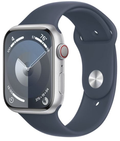 Apple Watch Series 9 pametna ura, GPS, 45 mm, aluminijasto ohišje Silver, športni pašček M/L, Storm Blue (MR9E3QH/A)